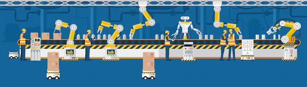 Concept de l'industrie 4.0, ligne de production automatisée avec les travailleurs.