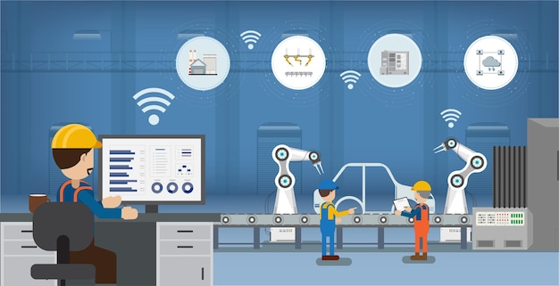 Concept de l'industrie de l'automatisation avec des robots et des machines illustration vectorielle de conception plate