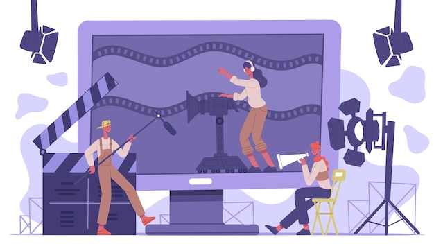 Concept de l'industrie cinématographique. Production de cinéma cinématographique, équipe de tournage de film isolée illustration vectorielle de fond. Scène conceptuelle du cinéma
