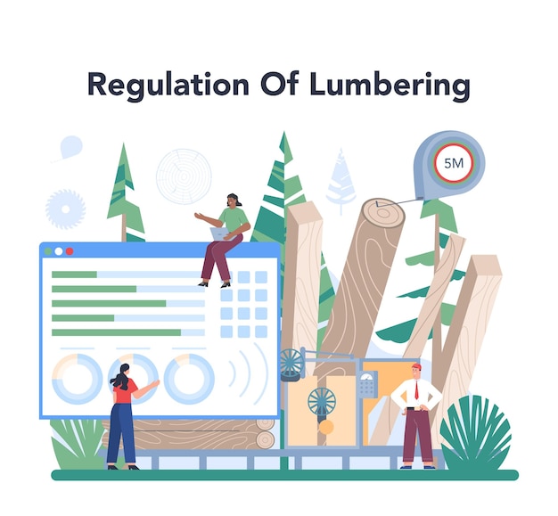 Concept De L'industrie Du Bois Opérateur De Scie à Cadre En Tant Que Chaîne De Production Forestière Contrôle Du Processus De Sciage Processus D'exploitation Forestière Et De Travail Du Bois Illustration Vectorielle Plane Isolée