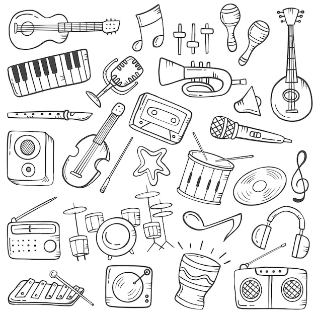 Concept De L'industrie Des Instruments De Musique Doodle Ensemble De Collections Dessinées à La Main Avec Illustration Vectorielle De Contour Style Noir Et Blanc