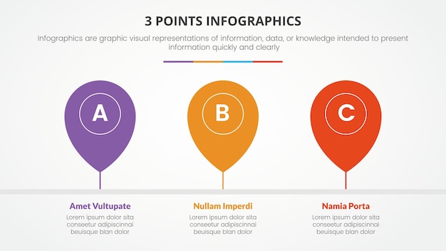 Vecteur concept d'infographie en 3 points ou étapes avec chronologie des broches de localisation gps dans la bonne direction pour la présentation de diapositives