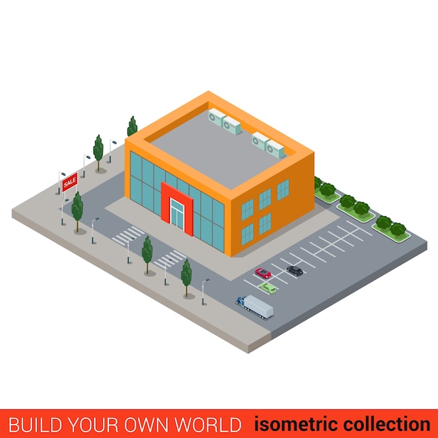 Concept d'infographie de bloc de construction de supermarché plat centre commercial ville isométrique Construisez votre propre collection mondiale d'infographie