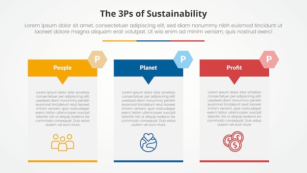 Concept d'infographie de cadre de durabilité 3P ou 3P pour la présentation de diapositives avec un grand badge d'en-tête de flèche de table avec une liste de 3 points avec un style plat