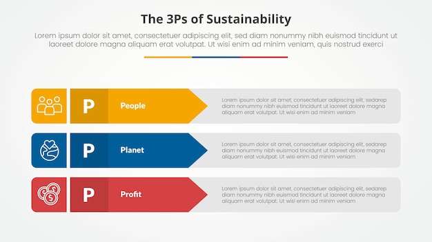 Concept d'infographie de cadre de durabilité 3P ou 3P pour la présentation de diapositives avec pile de flèches rectangulaires avec liste en 3 points avec style plat