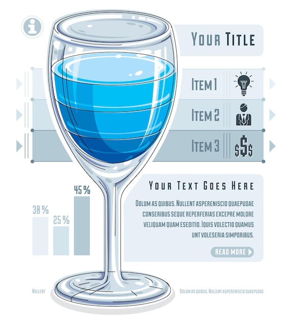 Vecteur concept d'infographie créative, verre à vin 3d avec idée liquide à trois couches, cocktail, illustration vectorielle.