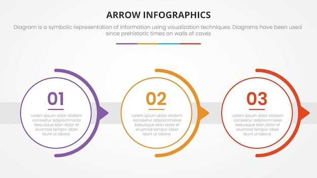 Concept d'infographie en forme de flèche avec cercle à droite petite direction pour la présentation de diapositives avec liste en 3 points