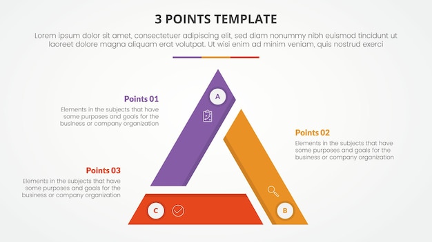 Concept d'infographie de modèle d'étape en 3 points pour la présentation de diapositives avec cycle triangulaire, tranche de triangle circulaire, bord central avec liste en 3 points avec style plat