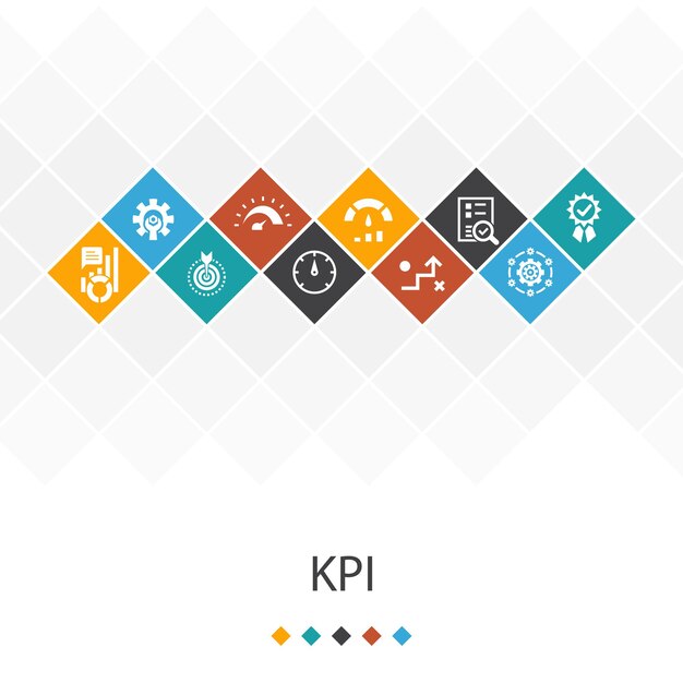 Concept d'infographie de modèle d'interface utilisateur tendance KPI. optimisation, objectif, mesure, icônes d'indicateur