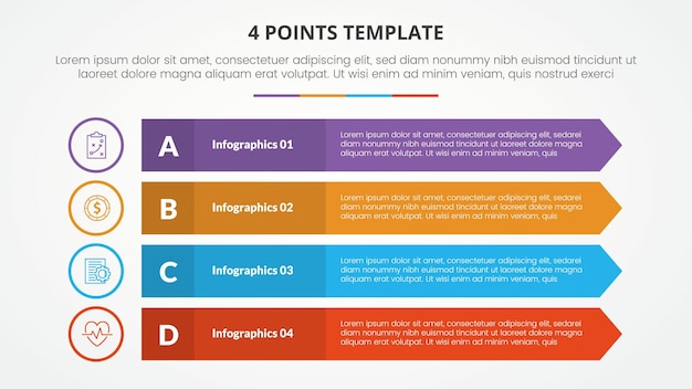 Concept infographique de modèle de scène à 4 points pour présentation de diapositives avec long rectangle avec bord de flèche liste de 4 points avec vecteur de style plat