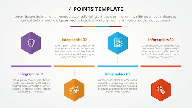 Concept infographique de modèle de scène à 4 points pour la présentation de diapositives avec style de chronologie en forme de nid d'abeille liste à 4 points avec vecteur de style plat