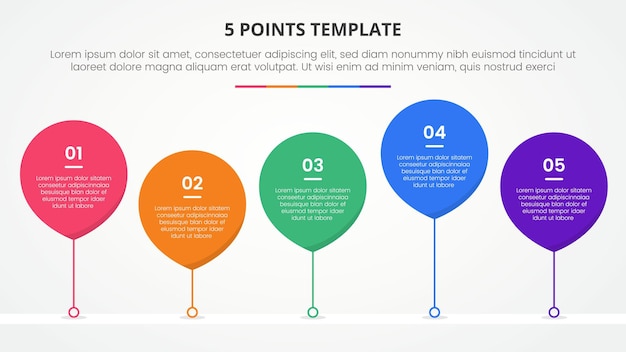 Concept infographique de modèle de scène à 5 points pour présentation de diapositives avec style goutte d'eau avec chronologie connectée à la ligne avec liste de 5 points avec vecteur de style plat