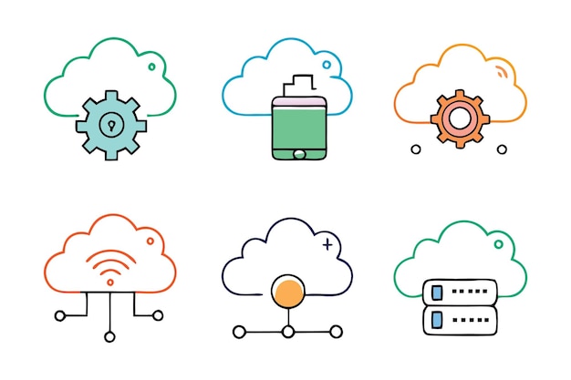 Le concept d'informatique en nuage et de stockage icônes linéaires colorées icônes de lignes décalées de couleur