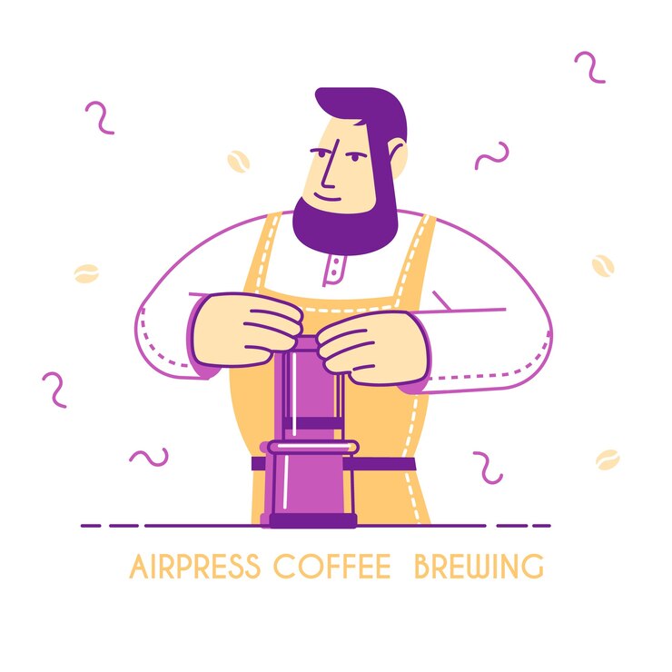 Vecteur concept d'infusion de café airpress. boisson fraîchement préparée dans les mains du barista portant un tablier