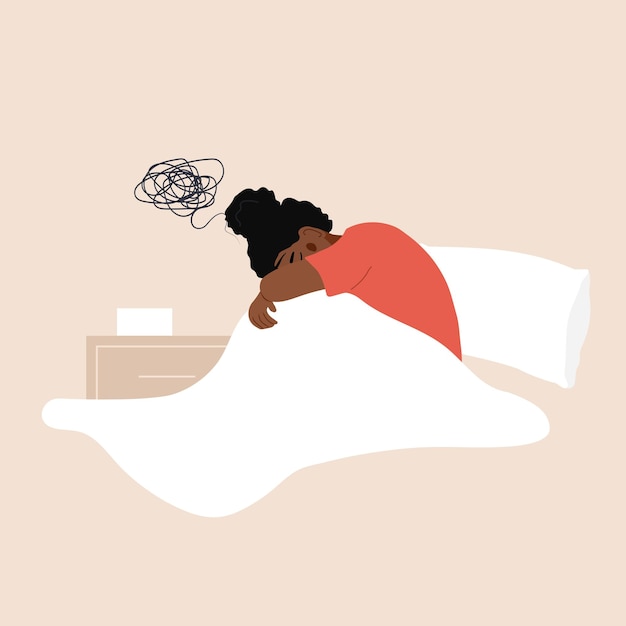 Vecteur concept d'insomnie femme africaine fatiguée ayant de la difficulté à s'endormir dépression ou frustration