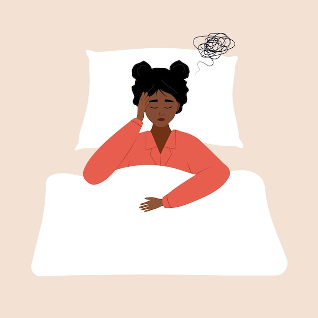 Vecteur concept d'insomnie femme africaine fatiguée souffrant de maux de tête grossesse ou ménopause