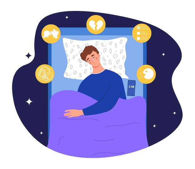 Vecteur le concept d'insomnie l'homme ne peut pas s'endormir à cause de problèmes mentaux le personnage est allongé sur le lit