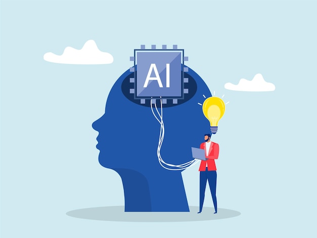Vecteur concept d'intelligence artificielle chips d'ia analyse de l'apprentissage automatique des informations avec l'idée de l'ampoule
