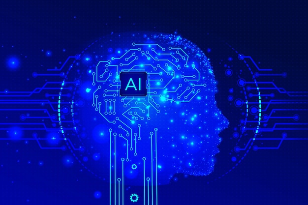 Concept d'intelligence artificielle numérique avec carte de circuit imprimé sur fond bleu foncé