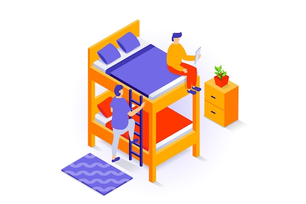 Concept d'intérieur de la maison en conception isométrique 3D Les gens se préparent à dormir dans une chambre à coucher avec un lit superposé avec une couverture d'échelle et des oreillers table de nuit Illustration vectorielle avec scène d'isométrie pour graphique Web