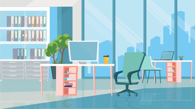 Concept d'intérieur de salle de bureau ouvert dans un dessin animé plat. Lieux de travail avec ordinateurs, tables et chaises, bibliothèque avec dossiers, immense fenêtre avec vue sur la ville. Fond horizontal illustration vectorielle