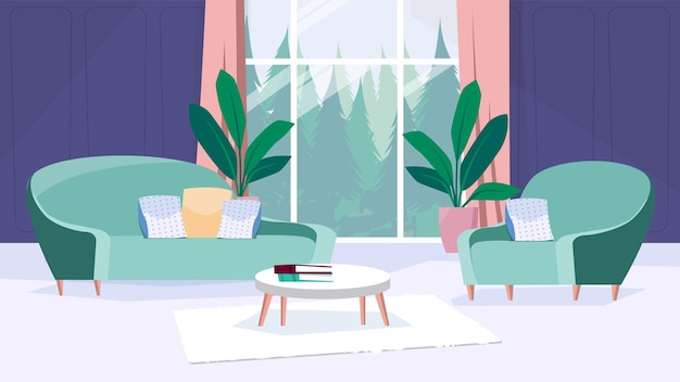 Concept D'intérieur De Salon En Dessin Animé Plat. Canapé Et Chaise Avec Coussins, Table Basse, Tapis Et Plantes, Immense Fenêtre Avec Rideaux Et Vue Sur La Forêt. Fond Horizontal Illustration Vectorielle