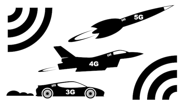 Le concept d'internet 5G haut débit. Comparaison de vitesse de 3G, 4G et 5G. Image vectorielle d'une voiture de sport, d'un avion et d'une fusée en comparaison des vitesses Internet. Image isolée sur blanc