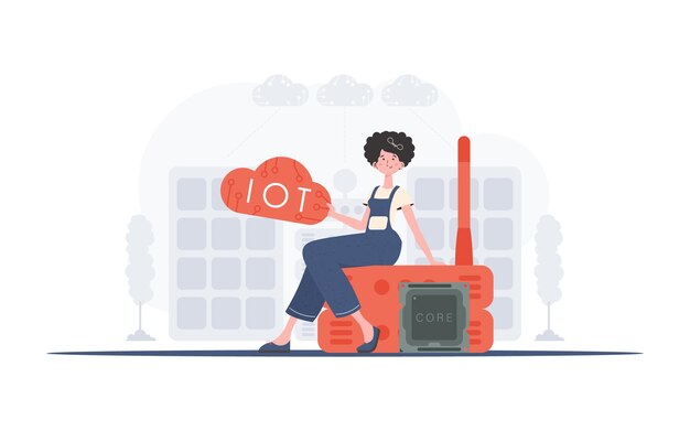 Concept de l'Internet des objets Une femme est assise sur un routeur et tient le logo de l'Internet des objets dans ses mains Style plat à la mode