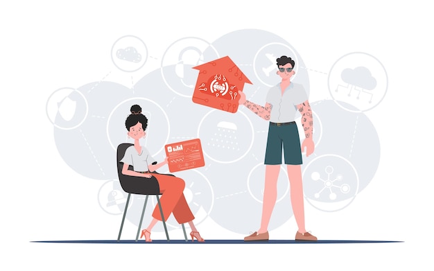 Concept Internet des objets Un homme et une femme forment une équipe dans le domaine de l'Internet des objets Bon pour les sites Web et les présentations Illustration vectorielle dans un style plat