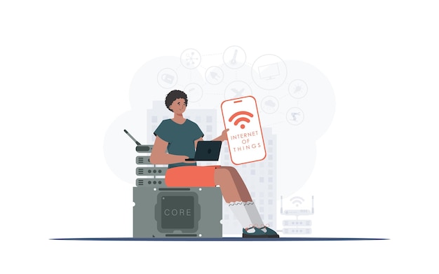 Concept Internet des objets Un homme tient un téléphone avec le logo IoT dans ses mains Illustration vectorielle dans un style plat