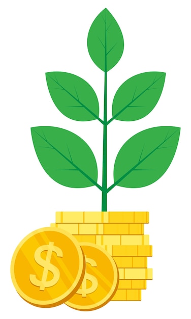 Concept d'investissement d'entreprise Stack de pièces avec branche de feuilles Succès financier et croissance de l'argent