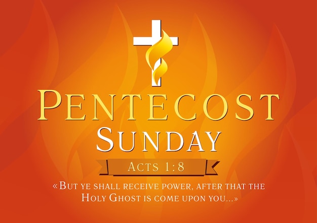 Vecteur concept d'invitation du jour de la pentecôte. forme de croix avec flammes. texte des actes 1, 8.