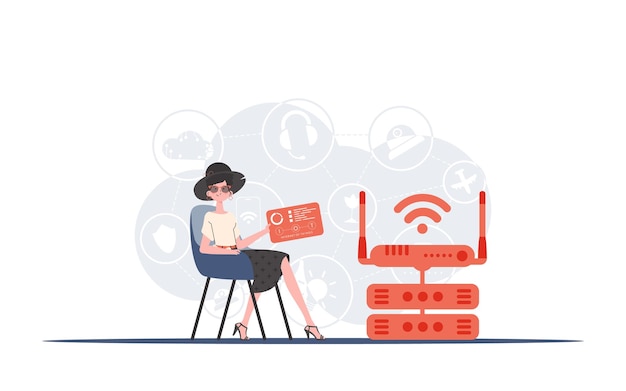 Concept IoT Une femme est assise sur une chaise et tient un panneau avec des analyseurs et des indicateurs dans ses mains Bon pour les sites Web et les présentations Illustration vectorielle dans un style plat branché