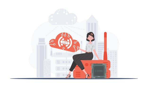 Concept IoT Une femme est assise sur un routeur et tient le logo Internet des objets dans ses mains Illustration vectorielle dans un style plat