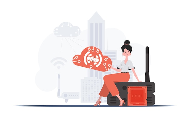 Concept IoT Une femme est assise sur un routeur et tient le logo Internet des objets dans ses mains Illustration vectorielle
