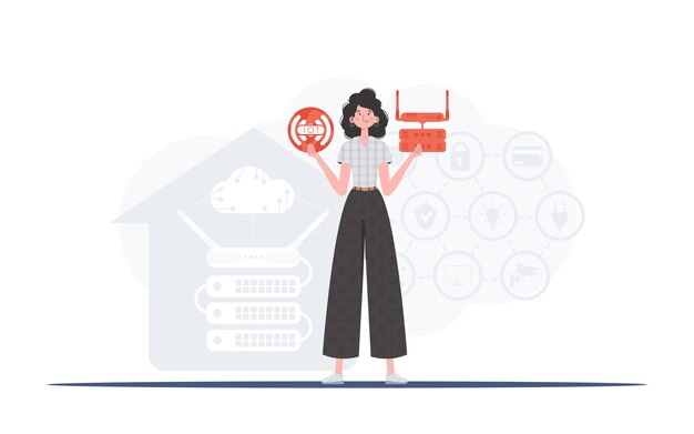 Concept IoT Une femme tient le logo Internet des objets dans ses mains Routeur et serveur Bon pour les sites Web et les présentations Illustration vectorielle dans un style plat branché