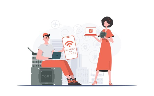 Concept IoT La fille et le gars forment une équipe dans le domaine de l'Internet des objets Bon pour les sites Web et les présentations Illustration vectorielle