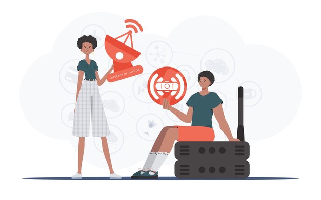 Concept IoT La fille et le gars forment une équipe dans le domaine de l'IoT Bon pour les présentations et les sites Web Illustration vectorielle dans un style plat