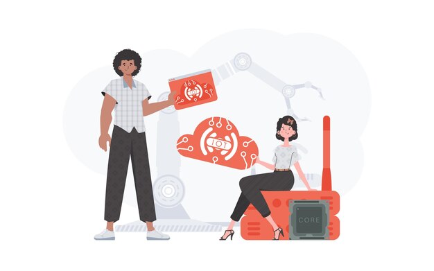 Concept IoT La fille et le gars forment une équipe dans le domaine de l'IoT Bon pour les présentations et les sites Web Illustration vectorielle dans un style plat