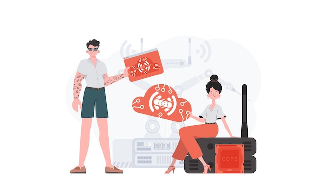Concept IoT La fille et le gars forment une équipe dans le domaine de l'IoT Bon pour les présentations et les sites Web Illustration vectorielle