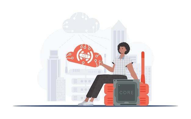Concept IoT Le gars est assis sur le routeur et tient le logo de l'internet des objets dans ses mains Illustration vectorielle dans un style plat branché