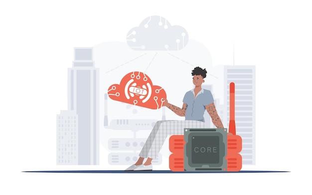 Concept IoT Le gars est assis sur le routeur et tient le logo Internet des objets dans ses mains Illustration vectorielle dans un style plat