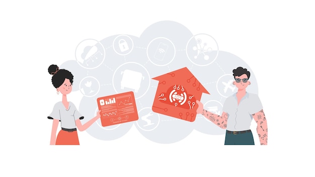 Concept IoT Un homme et une femme forment une équipe dans le domaine de l'Internet des objets Bon pour les sites Web et les présentations Illustration vectorielle dans un style plat