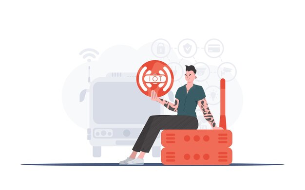 Concept IoT Un homme tient une icône de chose Internet dans ses mains Routeur et serveur Bon pour les sites Web et les présentations Illustration vectorielle dans un style plat