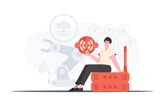 Concept IoT Un homme tient le logo Internet des objets dans ses mains Routeur et serveur Bon pour les présentations et les sites Web Illustration vectorielle dans un style plat branché
