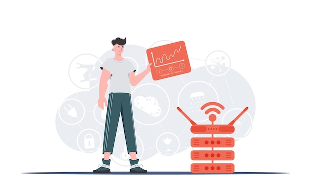 Concept IoT Un homme tient un panneau avec des analyseurs et des indicateurs dans ses mains Bon pour les sites Web et les présentations Illustration vectorielle dans un style plat
