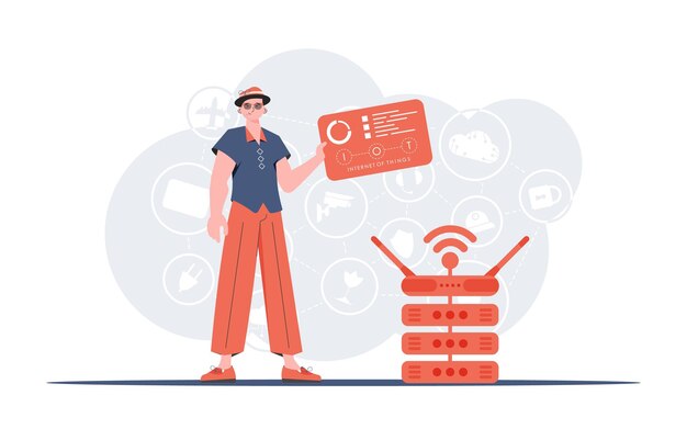 Concept IoT Un homme tient un panneau avec des analyseurs et des indicateurs dans ses mains Bon pour les sites Web et les présentations Illustration vectorielle