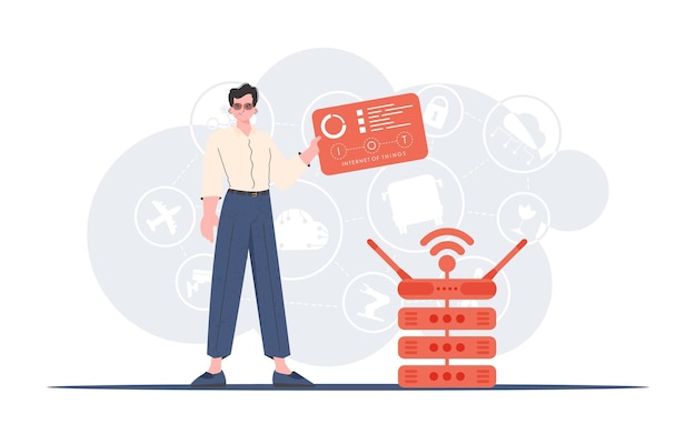 Concept IoT Un homme tient un panneau avec des analyseurs et des indicateurs dans ses mains Bon pour les sites Web et les présentations Style plat à la mode