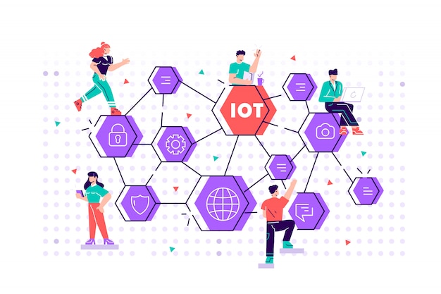 Concept Iot. Internet Des Objets. Réseau. Tout Concept D'appareil De Connectivité, Affaires Avec Internet, Avec De Petites Personnes Autour. Illustration De Conception De Style Plat Pour Le Web, Impression, Présentation.