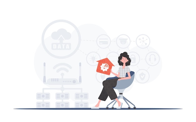 Concept IoT La jeune fille est assise sur une chaise et tient une icône d'une maison dans ses mains Bon pour les présentations Illustration vectorielle dans un style plat branché